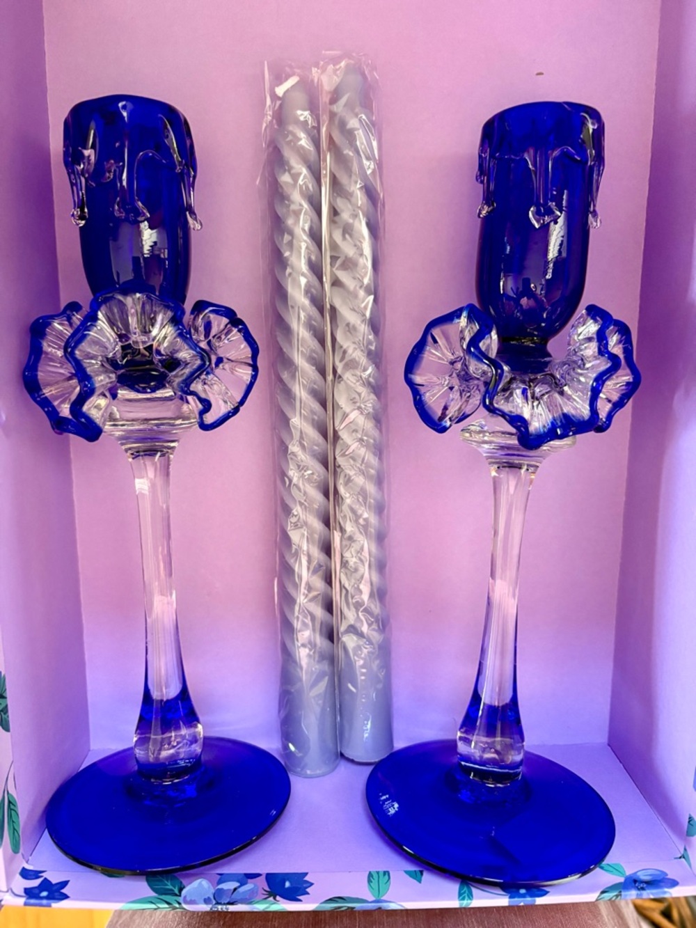 Gift Set Cobalt Blue Murano-Style Glass Ruffles Candle Holders Candlesticks